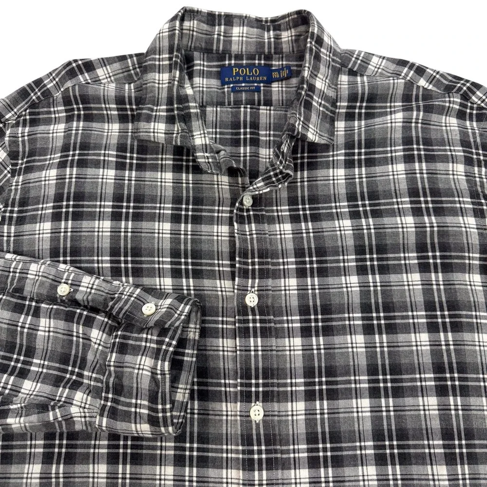Polo Ralph Lauren Shirt Mens 2XL Gray Plaid Cotton Flannel Classic Fit Casual